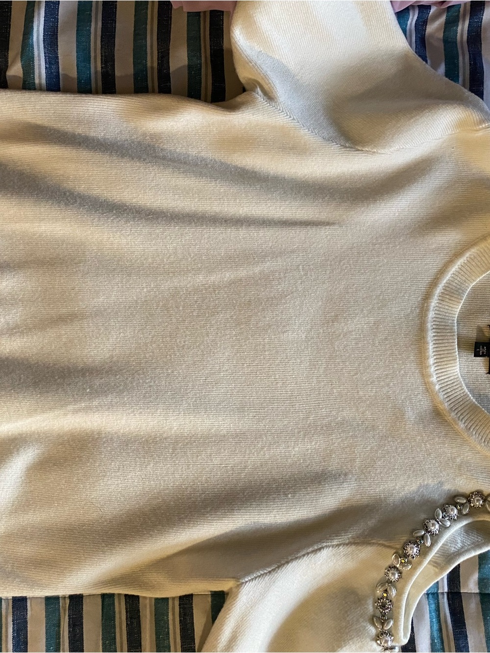 Women's Cream Short-Sleeve Sweater Top with Embellished Neckline